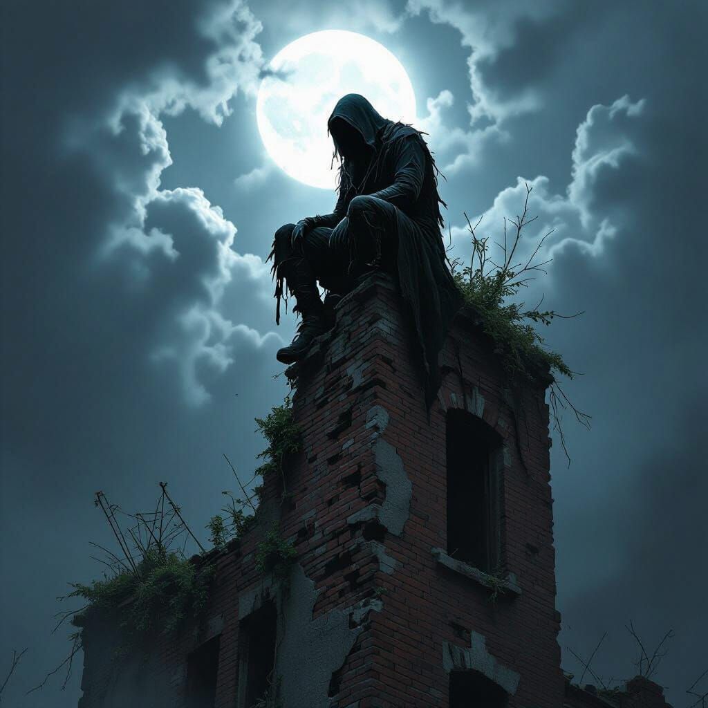 Shadowy Figure on Ruined Building Under Moonlight