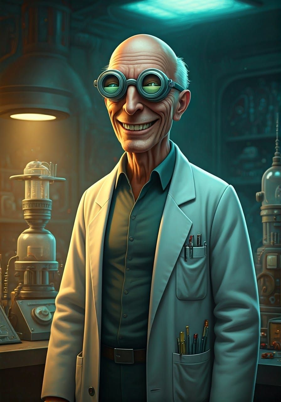 Professor Farnsworth Reveals New Invention in Futuristic Lab