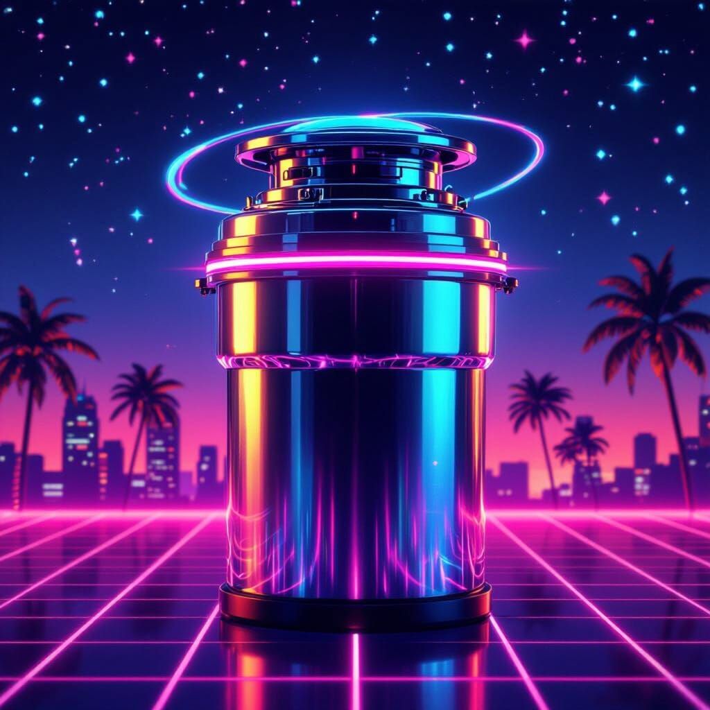 Futuristic Chrome Rubbish Disposer in Synthwave Cityscape