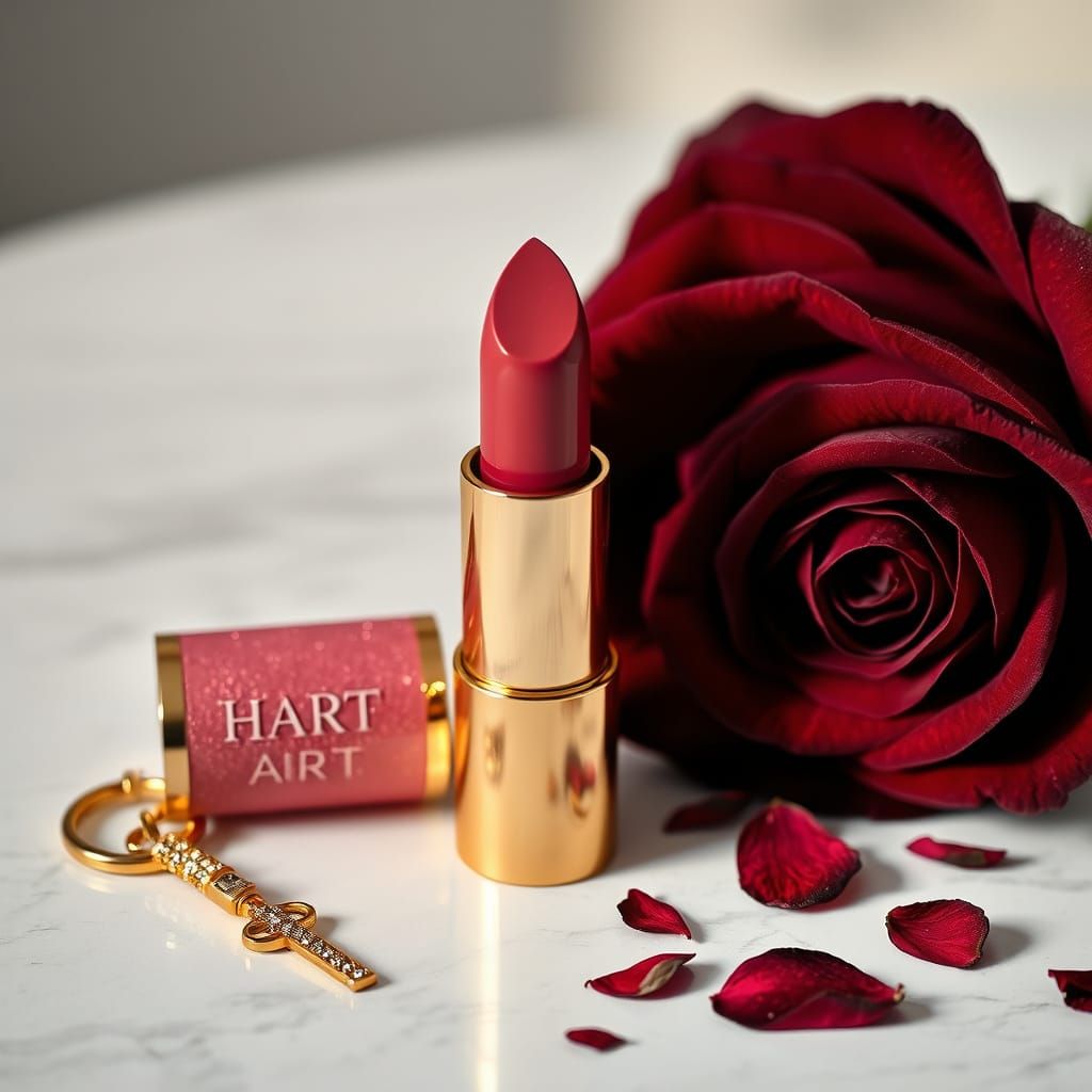 Luxurious Pink Lipstick on Marble with Gold Accents