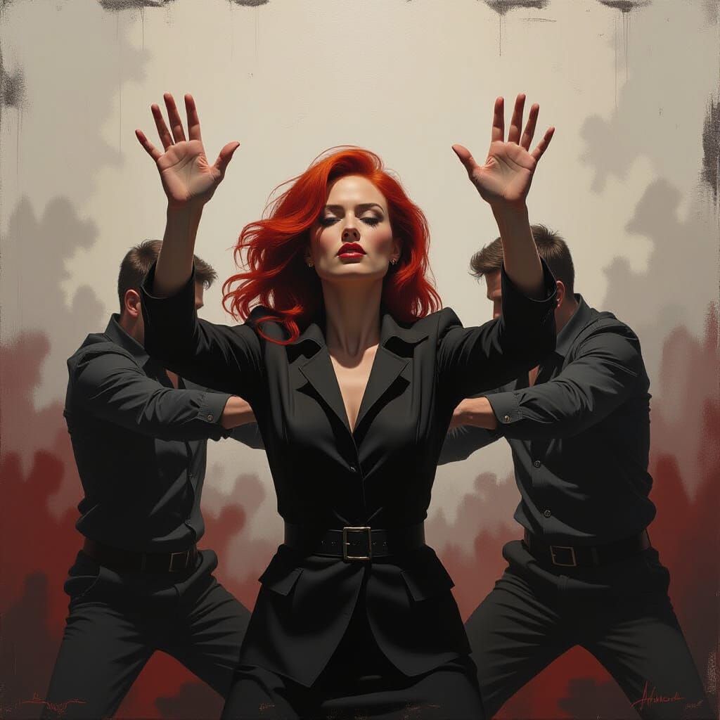 Determined Woman Commanding Combat in Dramatic Oil and Ash A...