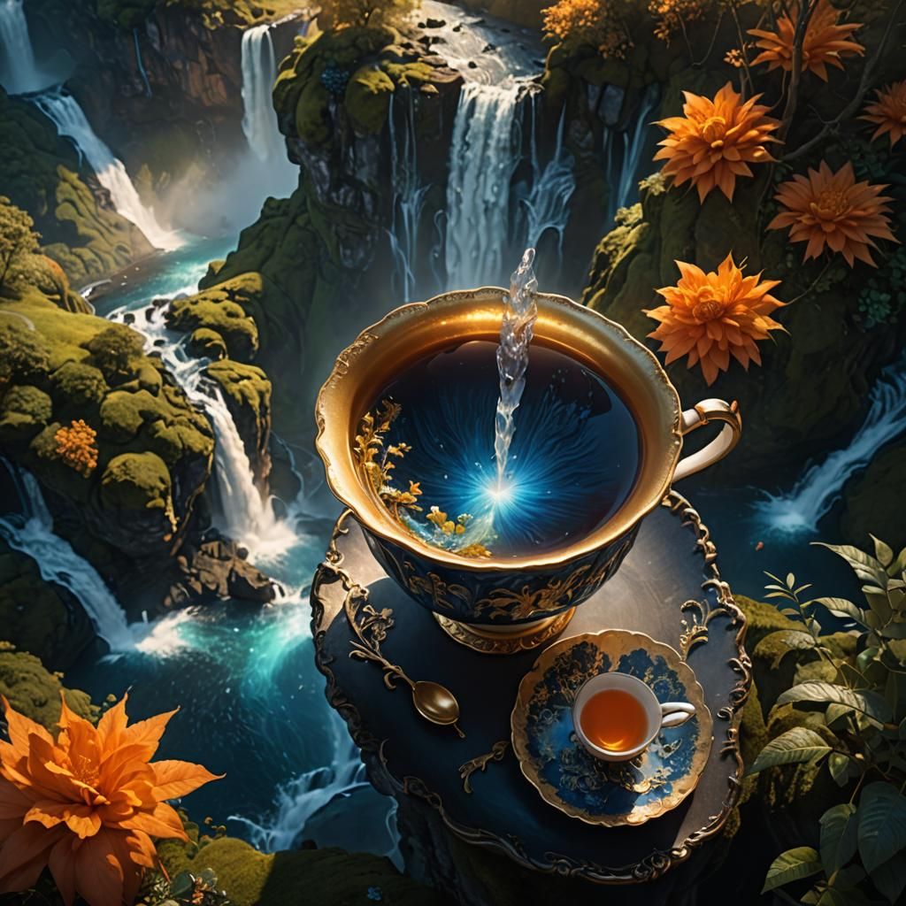 Magic Waterfall Cascades into Teacup: Fantasy Matte Painting