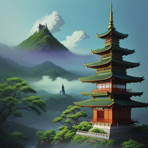 Whimsical East Asian Landscape with Pagodas and Misty Mounta...