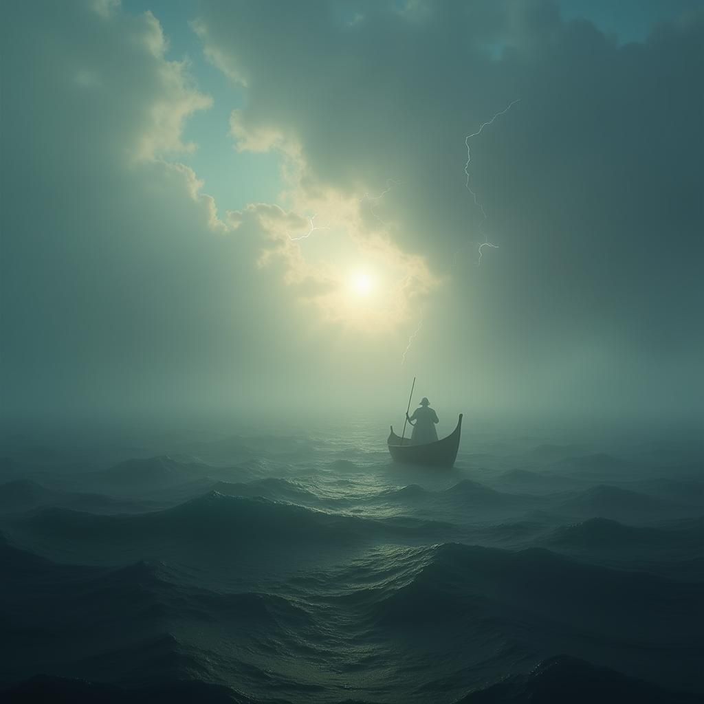 Ethereal Sunrise Over Stormy Sea, in Atmospheric Painting St...