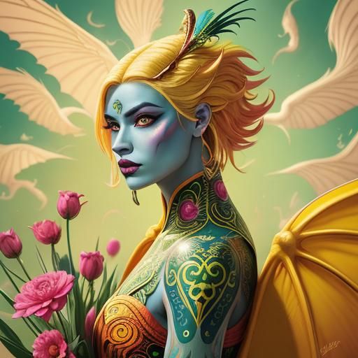 Dragon-Peacock Woman in Comic Book Style