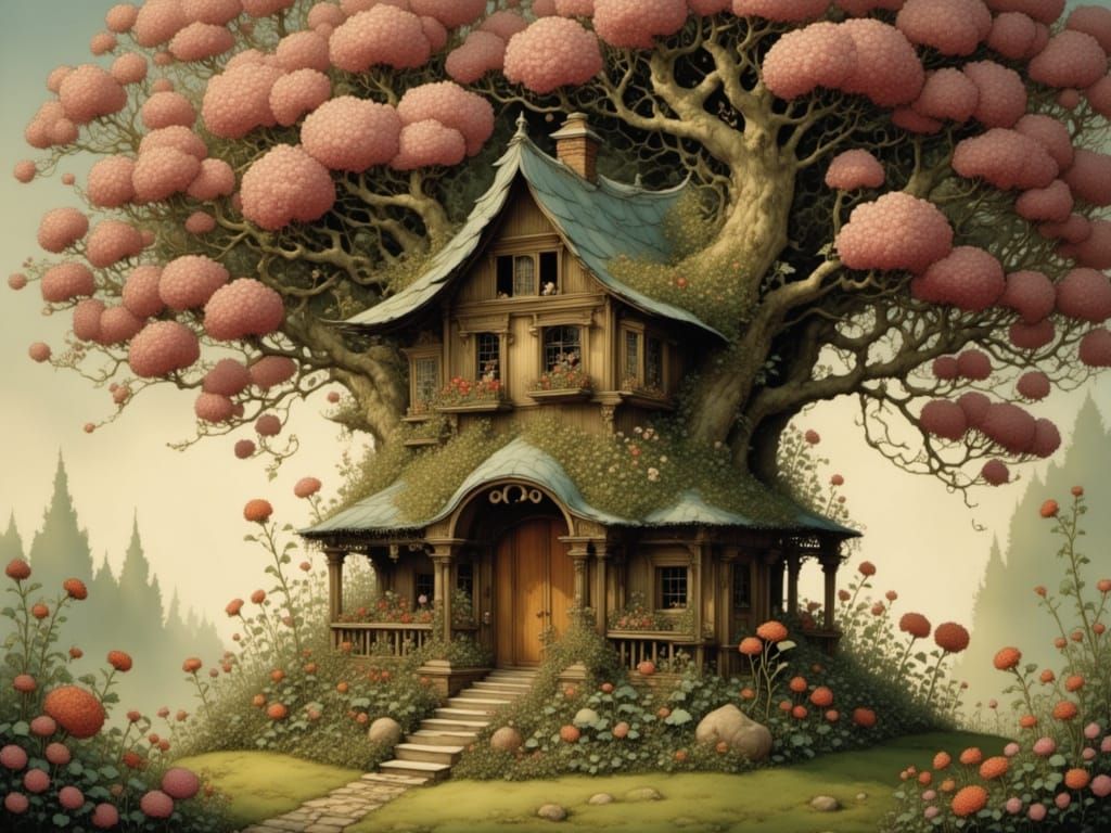 Enchanting Birdhouse in Lush Cottage Garden