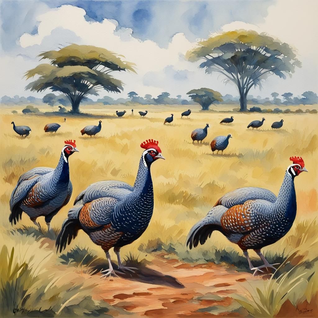 Guinea Fowl in Congo Grasslands: Gouache Watercolor Painting