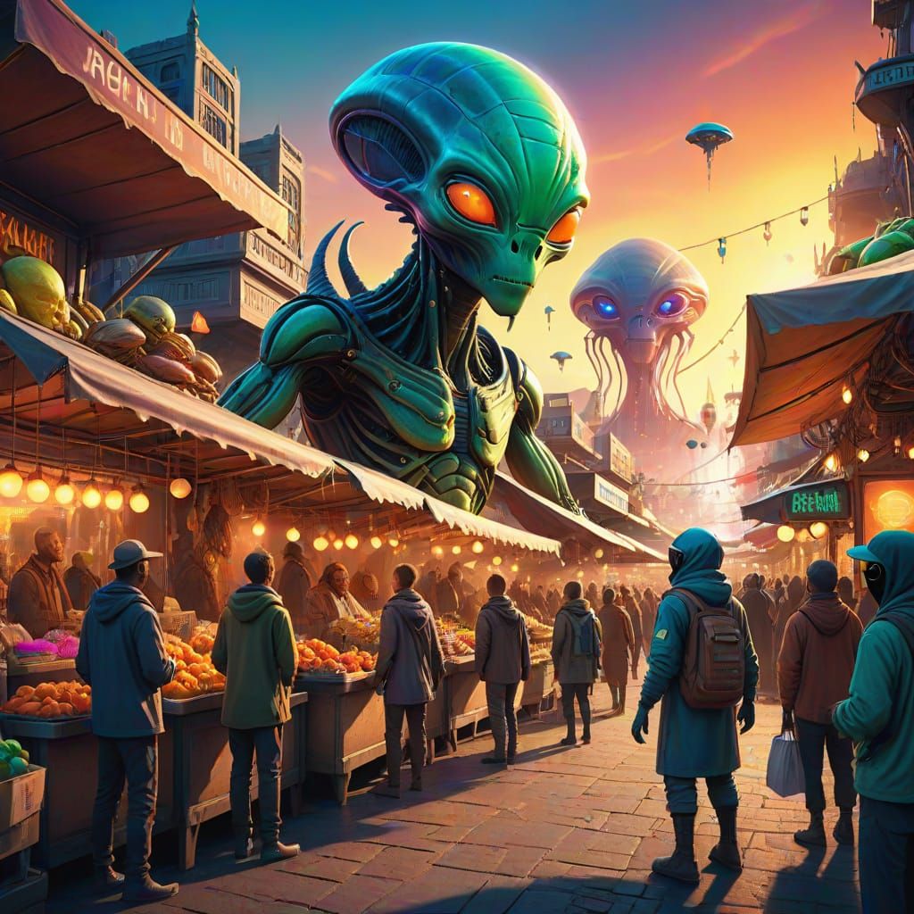 Vibrant Alien Marketplace in Neon Digital Art