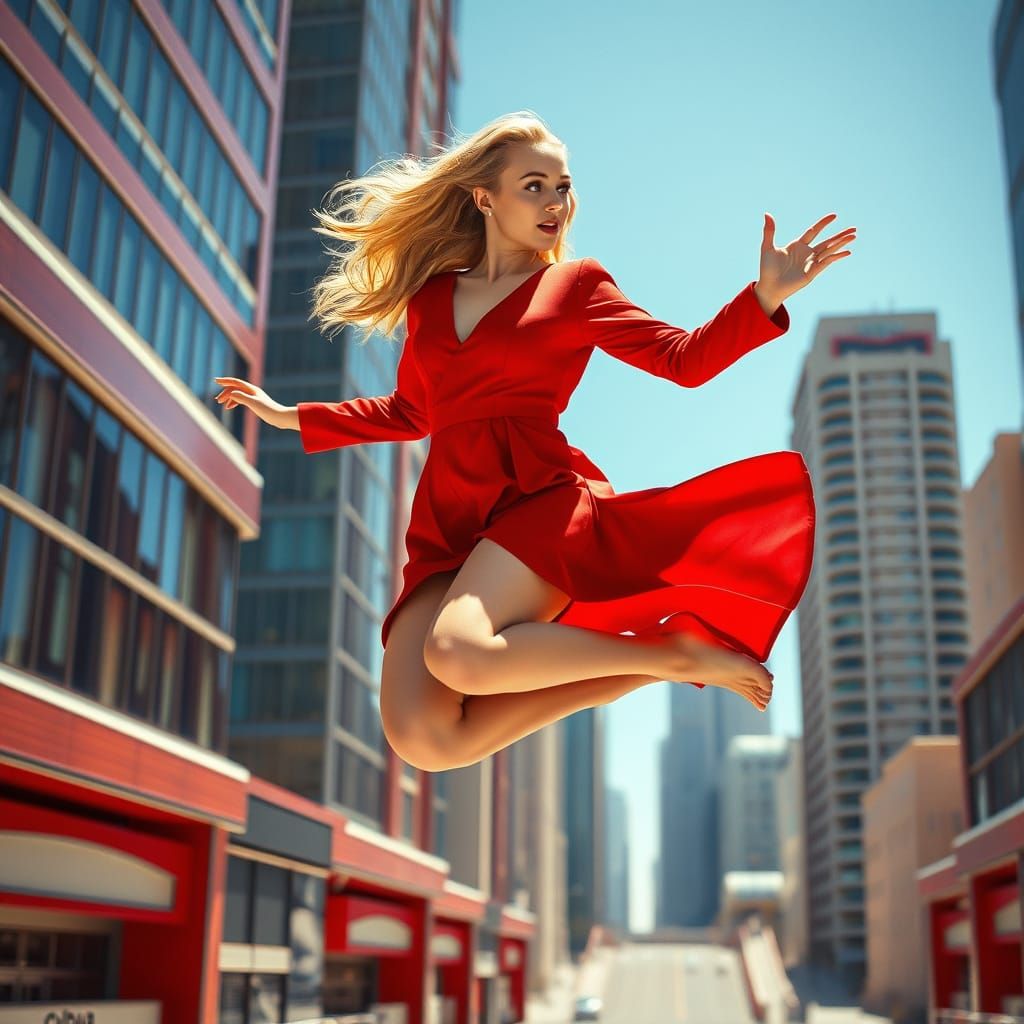 Futuristic Cityscape Fashion: Woman in Red Dress