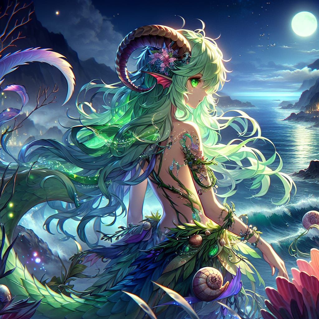 Anime Satyr Mermaid Gazing at Foggy Coastline