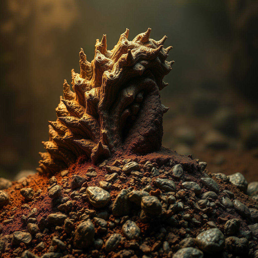 Fossilized Plant Consuming Dinosaur Dung in Eerie Lighting