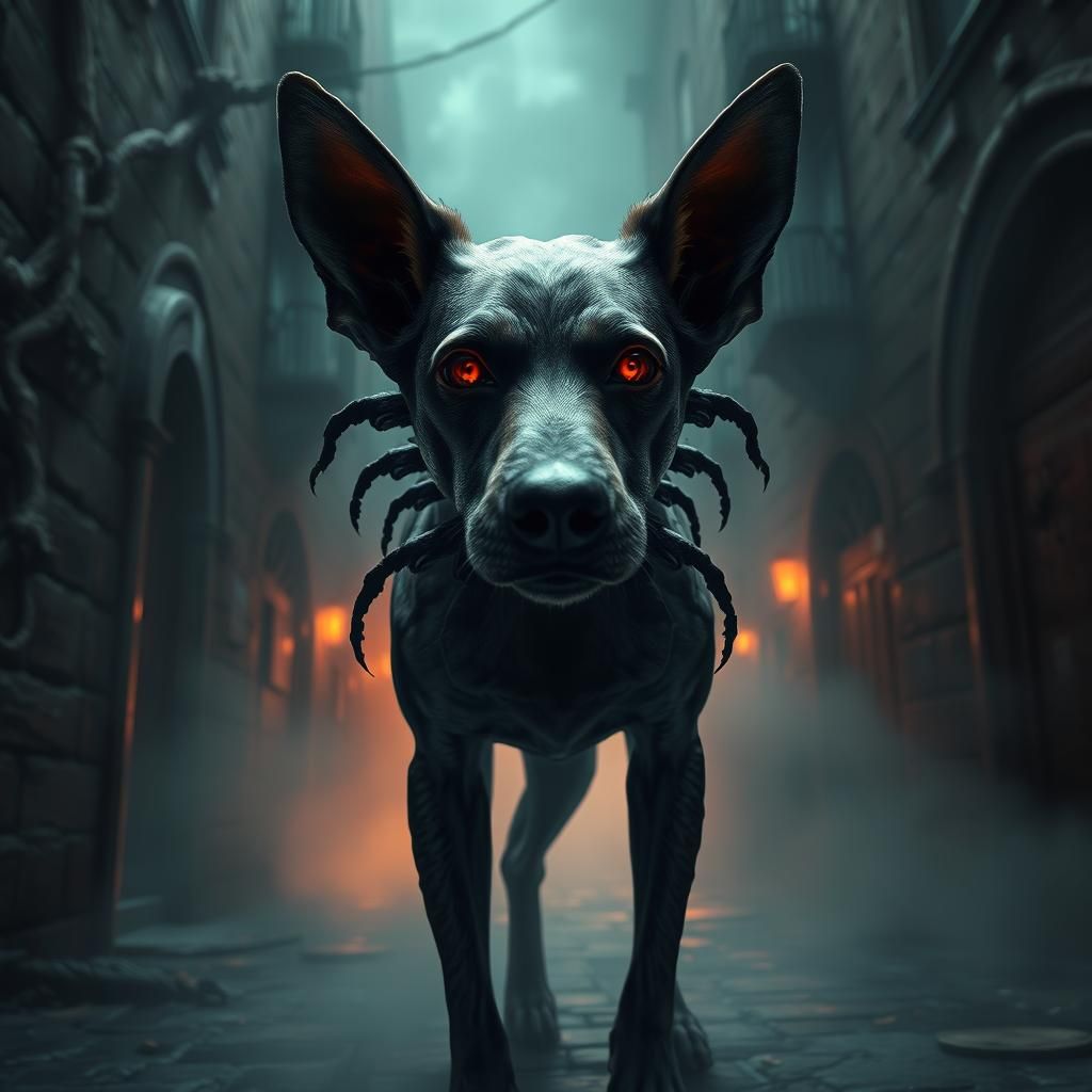 Eerie Dog-Human Hybrid in Gothic Alleyway