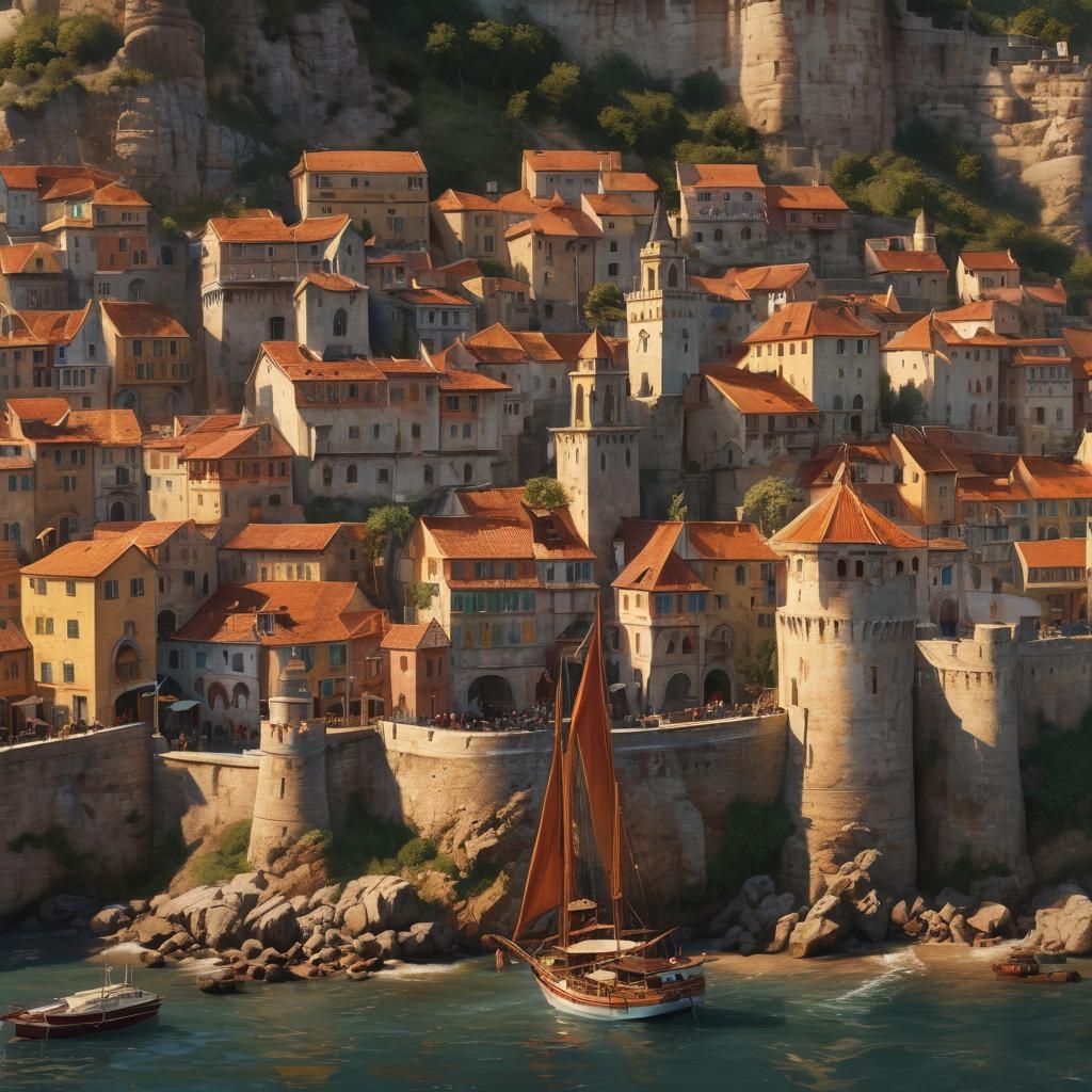 Medieval Town Fortress on Tyrrhenian Sea: Oil Painting