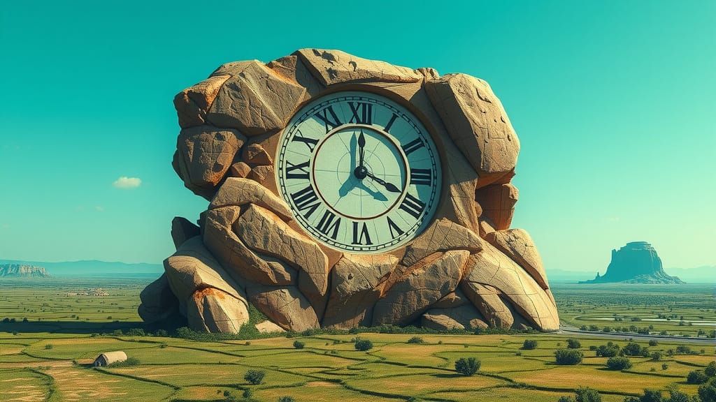 Rock Clock in Emerald Plain: A Digital Dreamscape