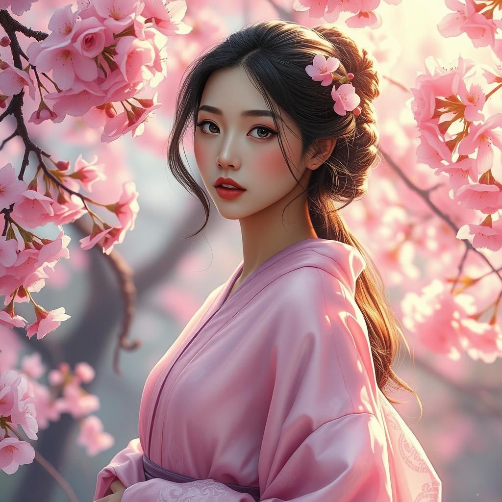 Woman in Kimono with Cherry Blossoms in Dreamlike Scene