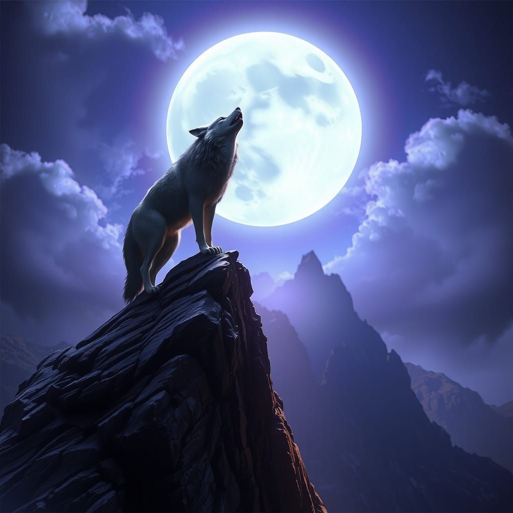 Gray Wolf Howling at Full Moon | Dark Fantasy Concept Art