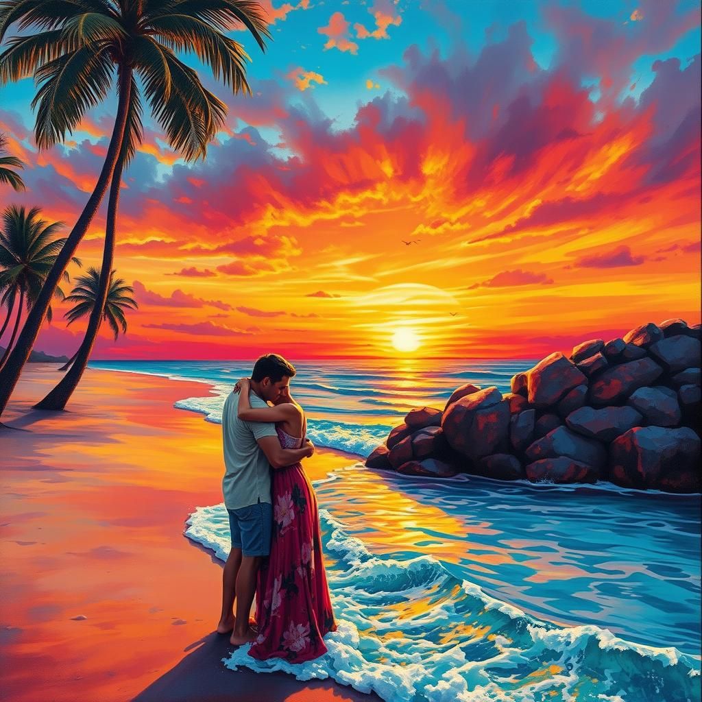 Couple's Sunset Embrace: Street Art Meets Photorealism