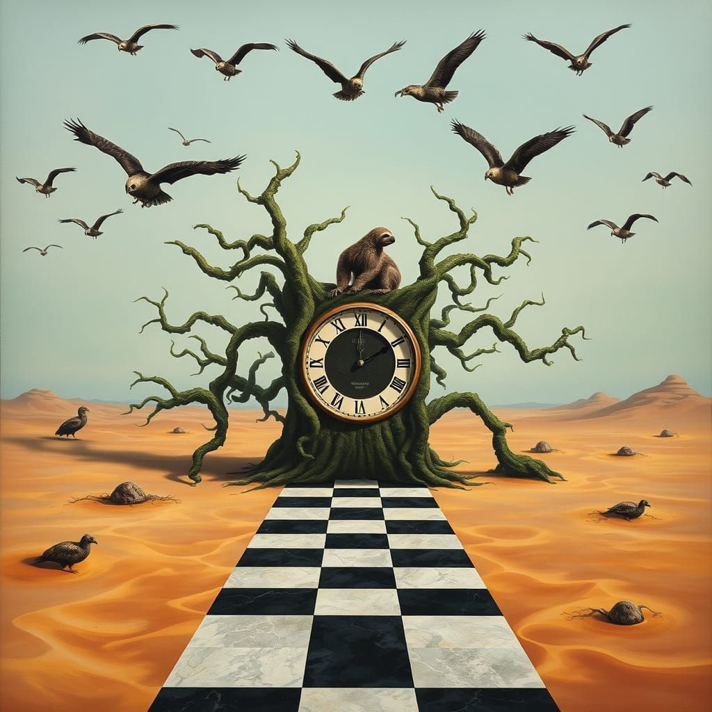 Surreal Sloth Adjusts Time on Giant Vine Clock in Desert