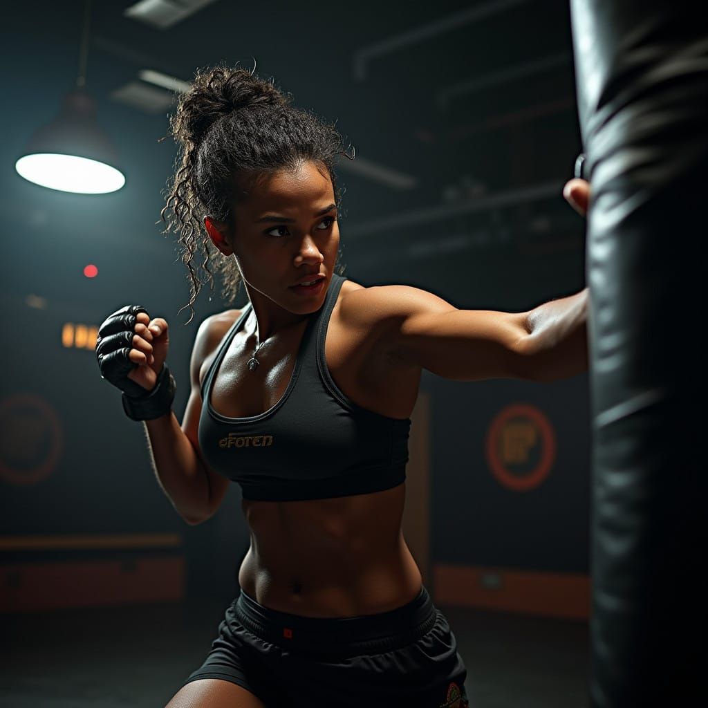 Cinematic MMA Fighter in Motion, Dark Skinned Female Athlete...
