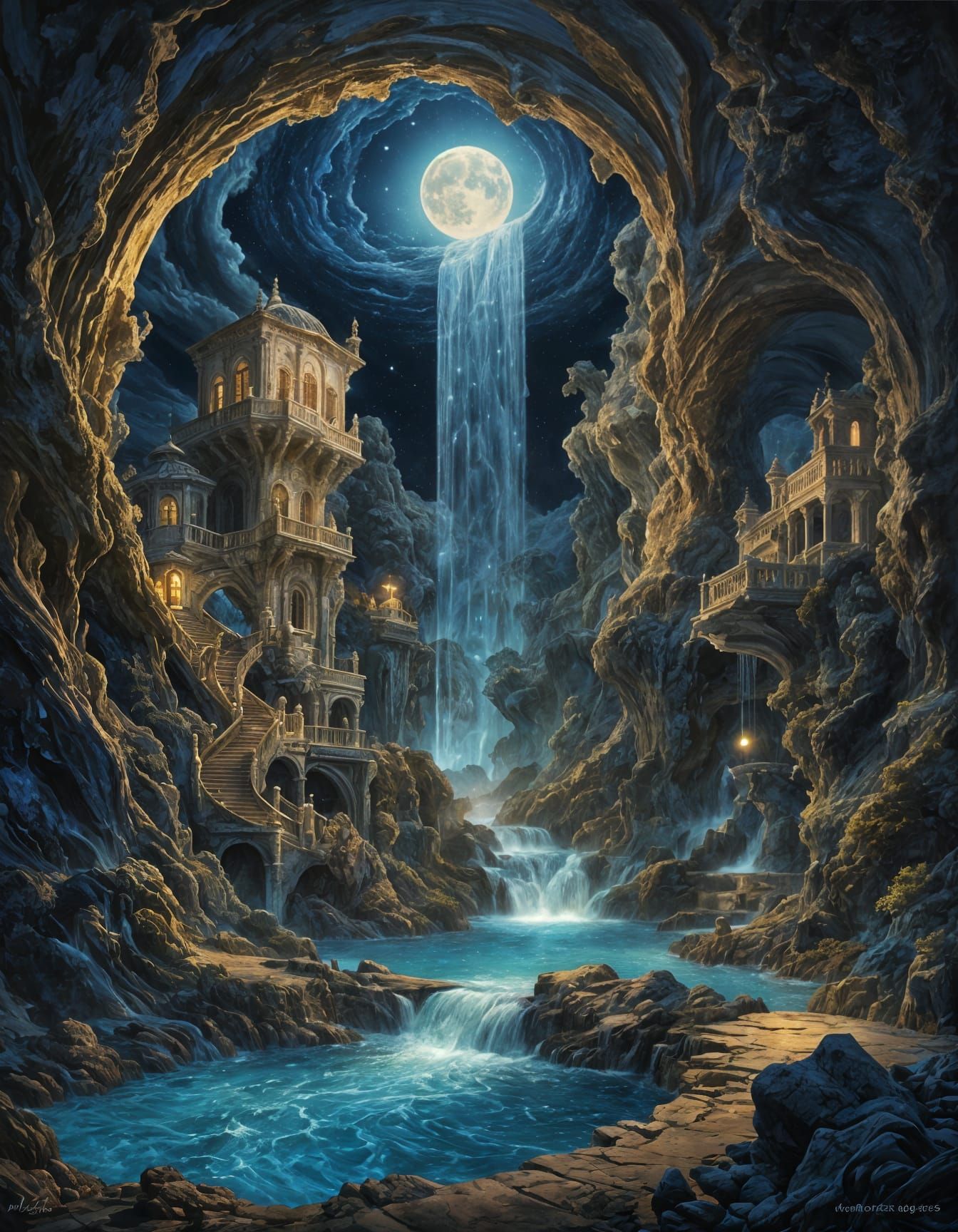 Moon Over Swirling Landscape Vortex with Opal Waterfall