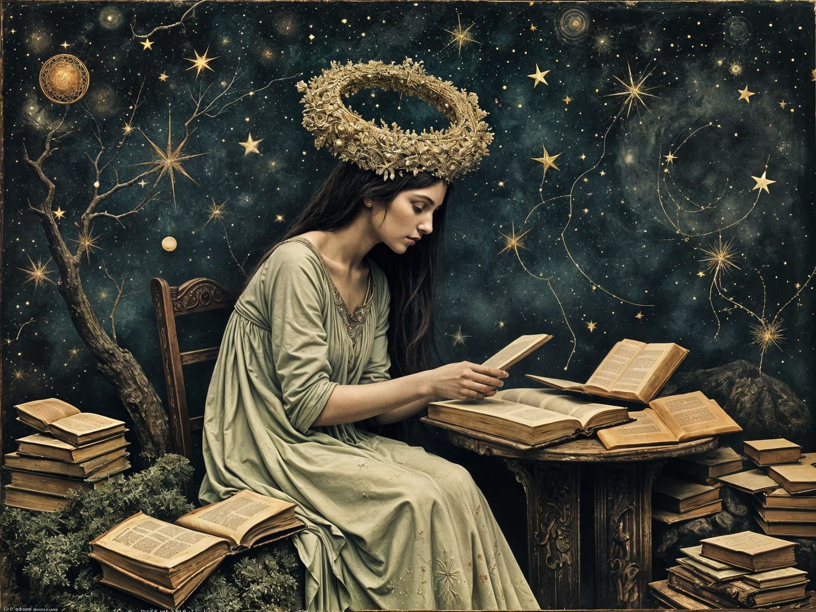 Celestial Library Goddess in Renaissance Style