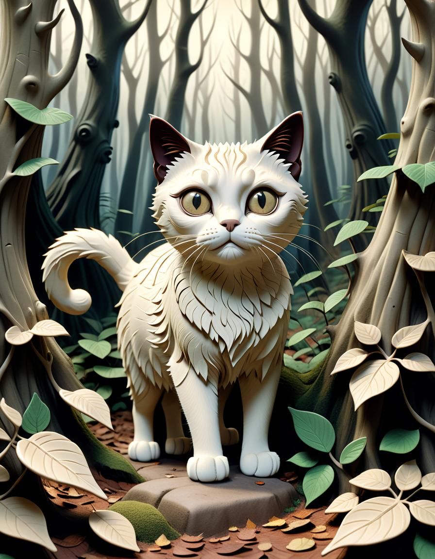 Surreal Cat in High Relief Forest Style