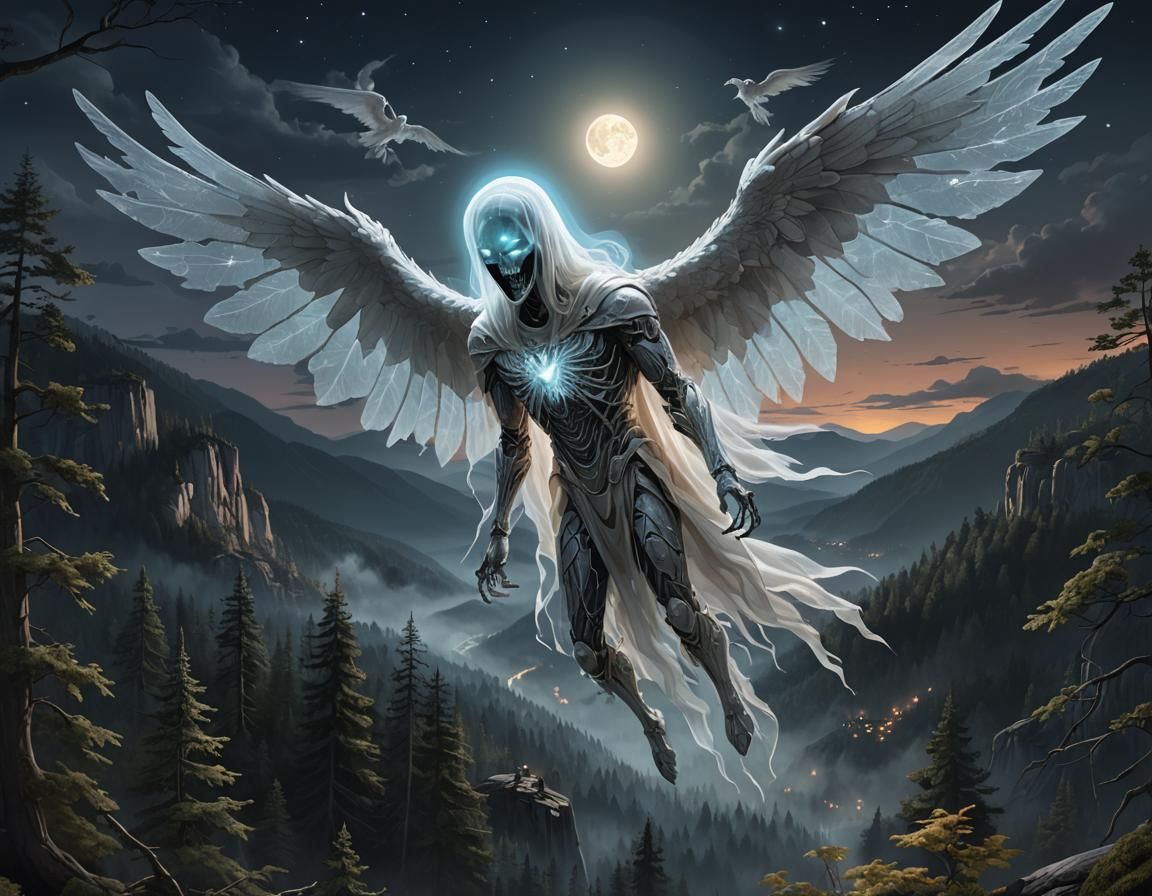 Ethereal Ghost Ascends Over Moonlit Valley