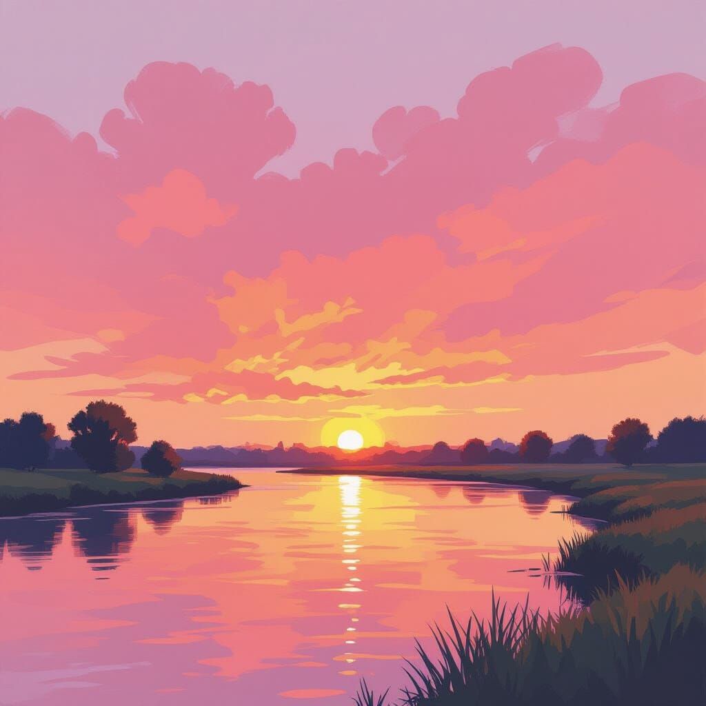 Pink and Orange River Sunset in Gouache Style