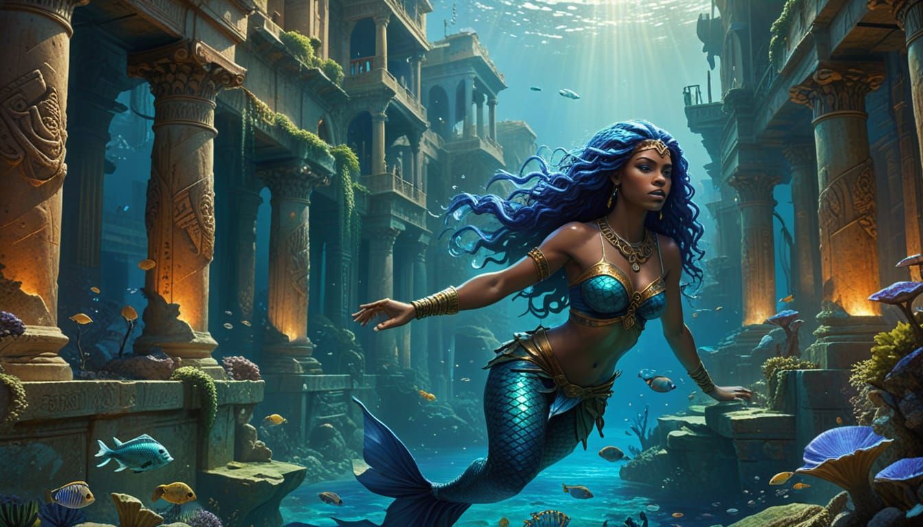 Nigerian Mermaid Swims Through Atlantis in Frazetta Style