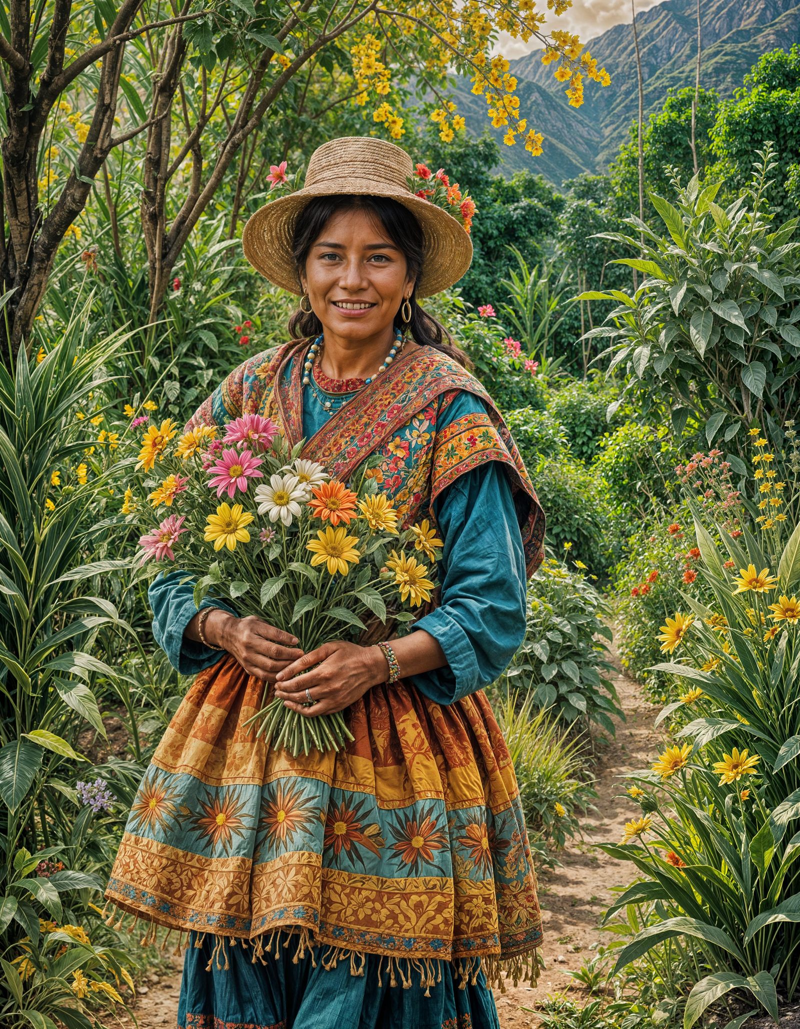 Bolivian Woman with Flowers: Digital Art