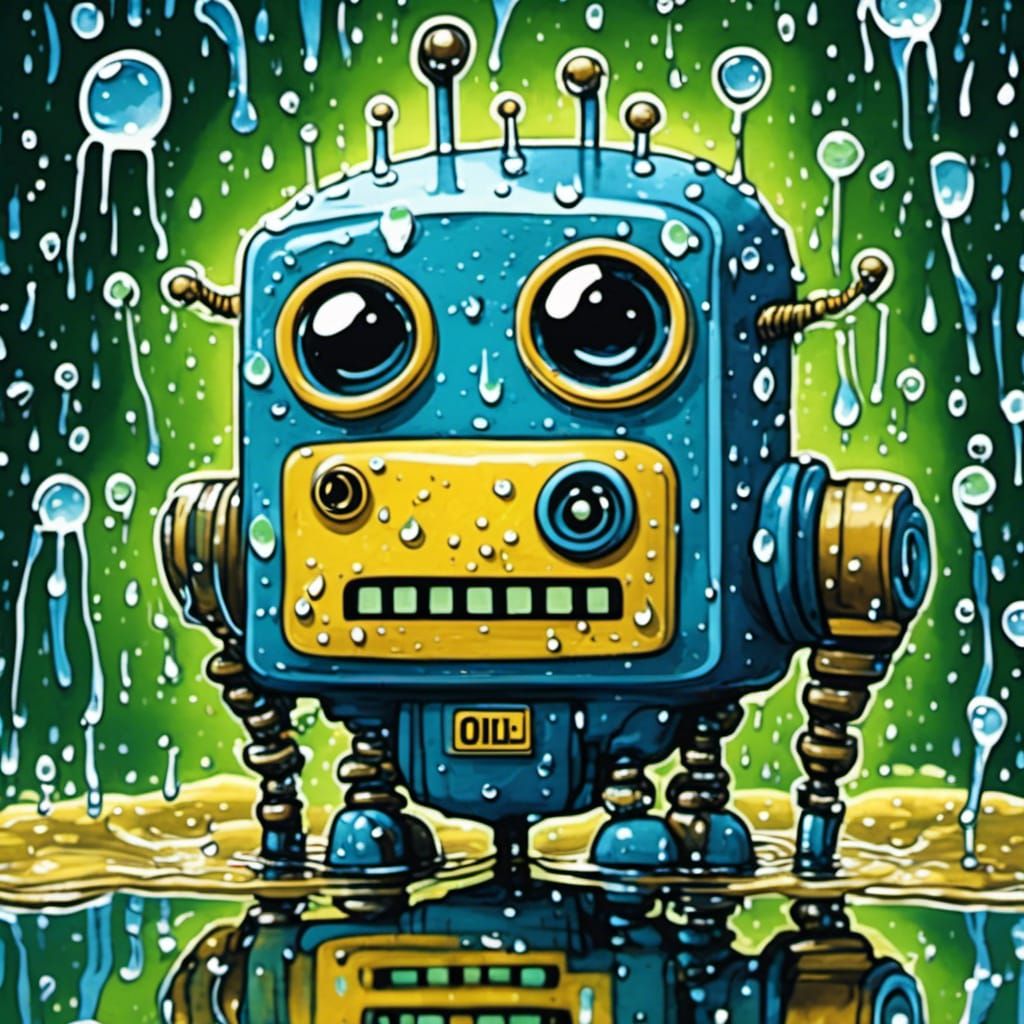 Sad Robot in Rain Puddle, Gritty Gouache Illustration