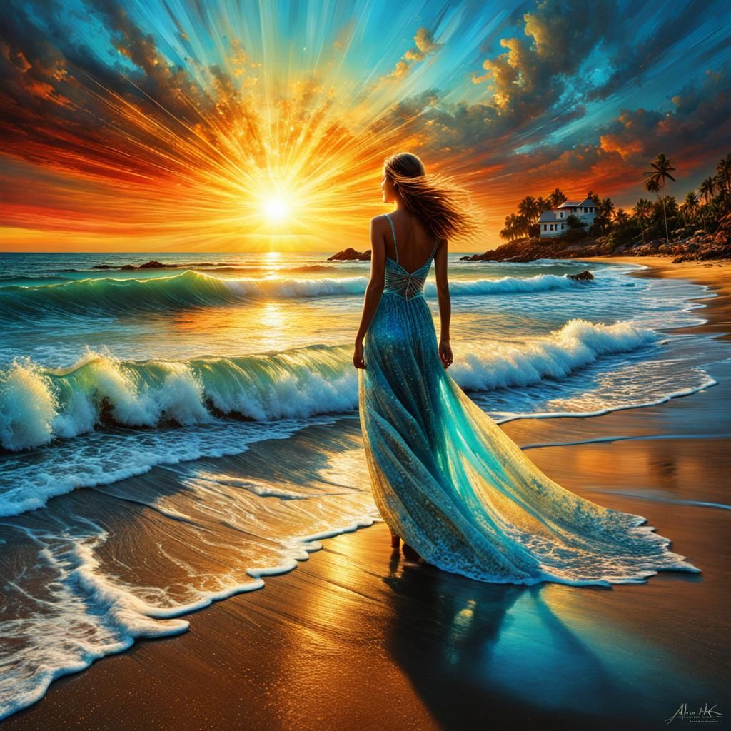 Bioluminescent Sunset Over Tropical Island in 3D