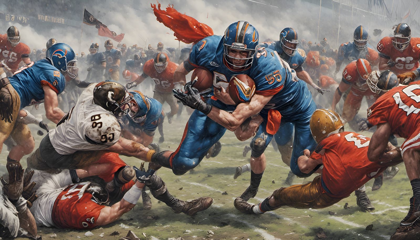 Football Player Breaks Through Buffalo Line