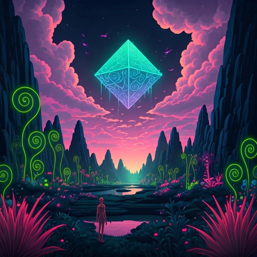 Surreal Bioluminescent Landscape with Glowing Figure