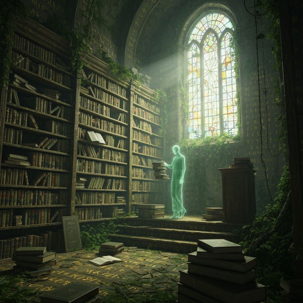 Mystical Library with Spectral Librarian in Gothic Style
