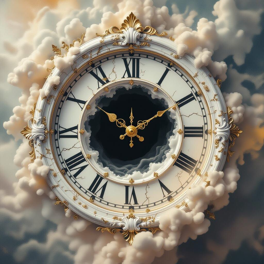Surreal Floating Clock Disintegrating into Golden Dust