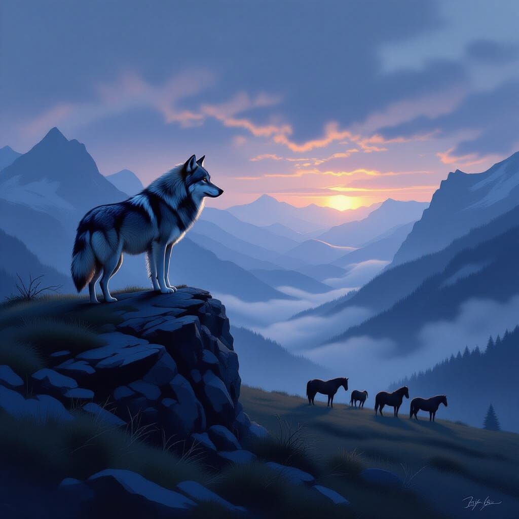 Lone Wolf at Twilight Gazing Over Misty Valley