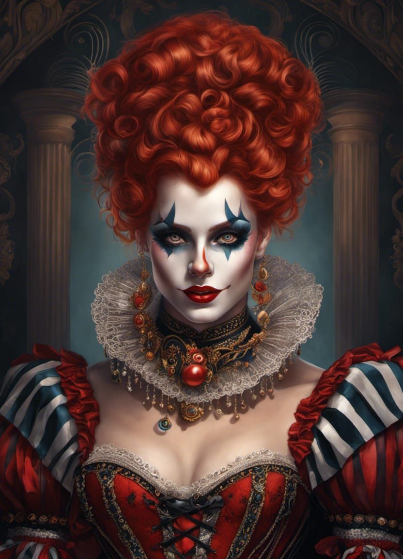 Detailed Harlequin Queen Portrait in Eerily Realistic Style