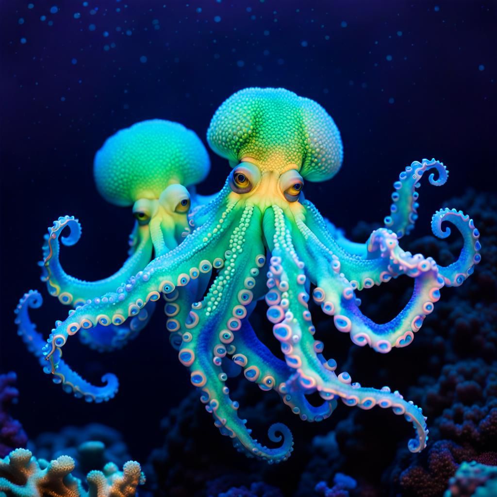 Dancing Luminous Octopuses in Deep Ocean Photograph