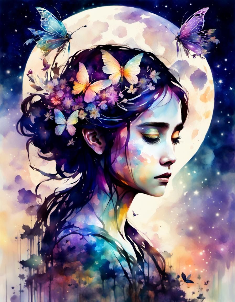 Fairy on Cosmic Moon in Watercolor Illustration