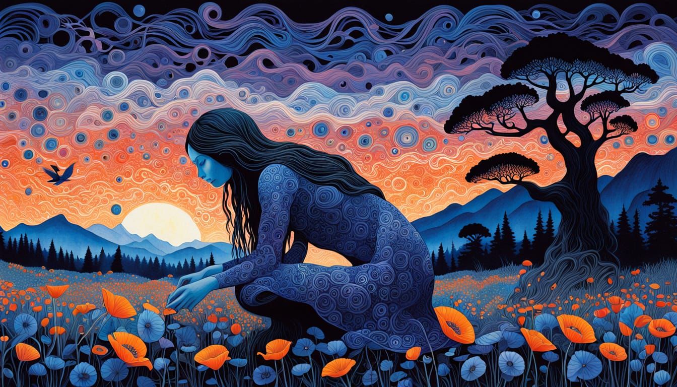 Surreal Fragmented Sculpture of Kneeling Woman in Sunset Lan...