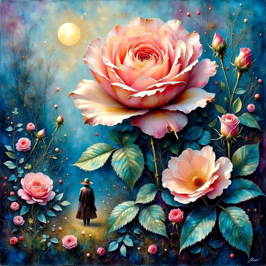 Ethereal Cowboy's Lament in a Vibrant Rose Garden
