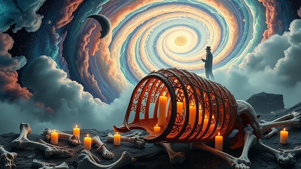 Surreal Dreamscape with Rib Cage and Galaxy