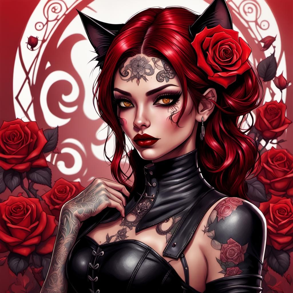 Cartoon Goth Girl Portrait in Art Nouveau Style