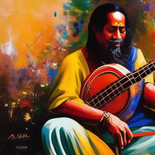 Wandering Baul Musician Singing Melodies as Oil Painting