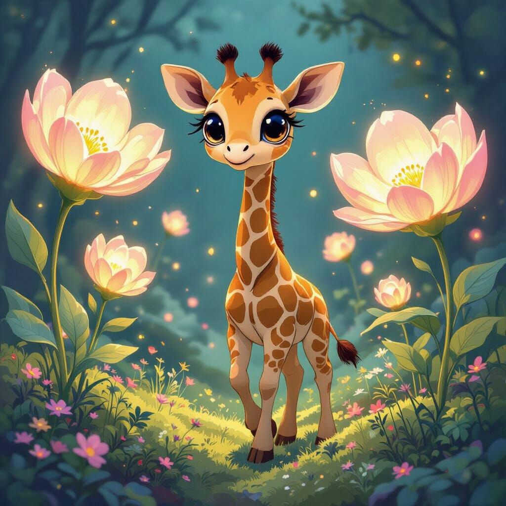 Alien Giraffe in Glowing Flower Field, Art Nouveau Style