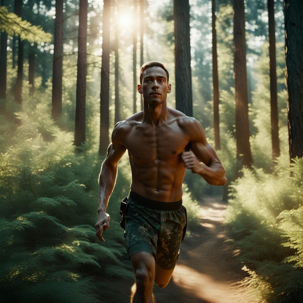 Shirtless Soldier Jogging Through Sunny Forest