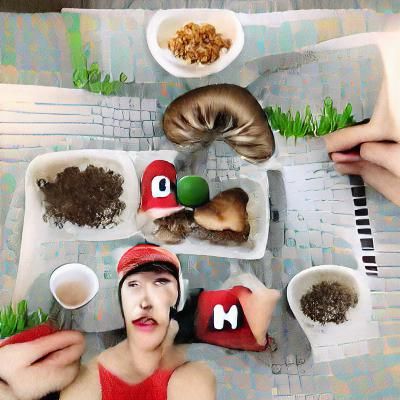 Stylized Mushroom Character Enjoying a Mukbang Feast