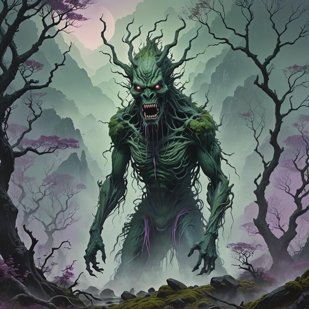 Eerie Asian Ghost Monster in Misty Mountains