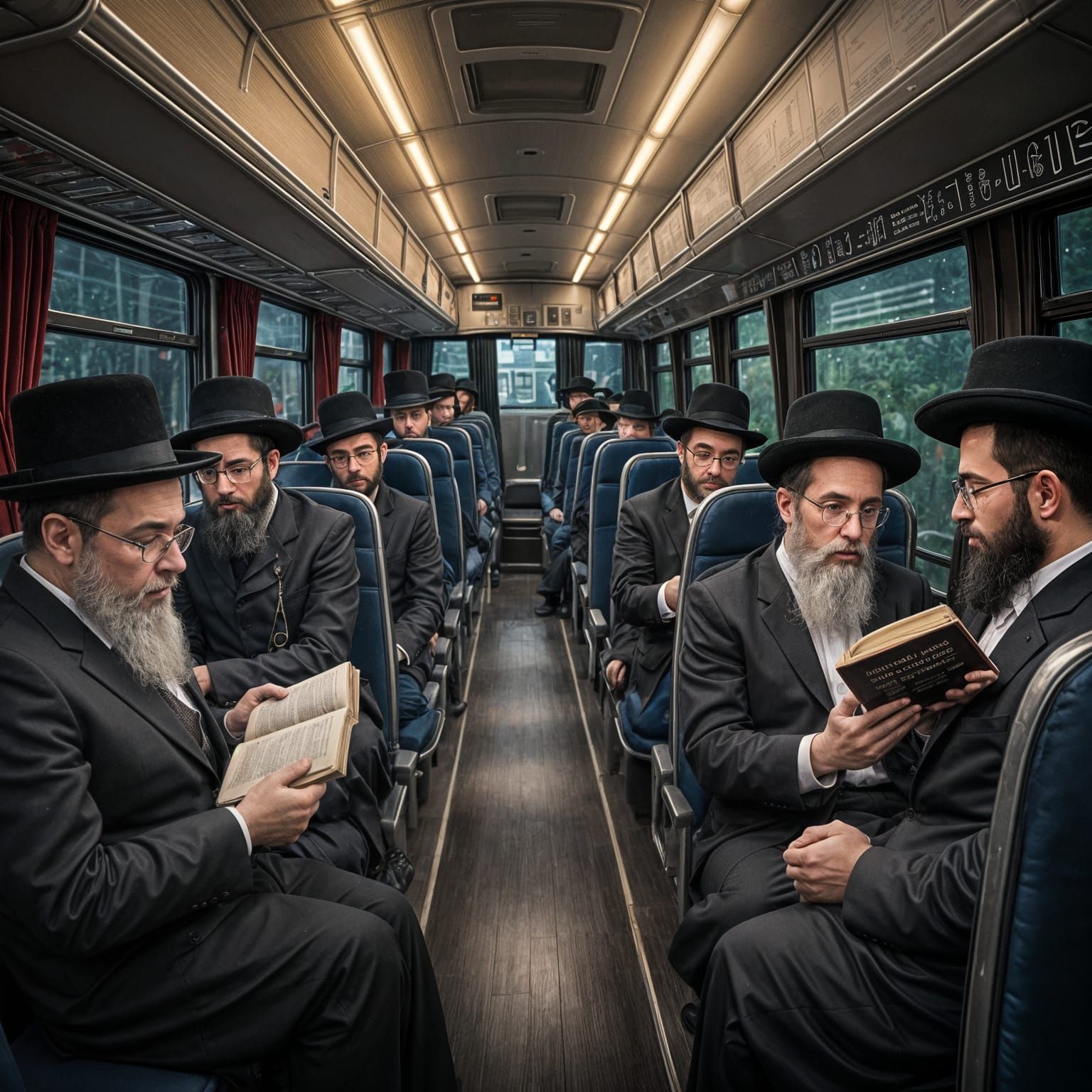 Orthodox Jewish Men Studying on a Bus